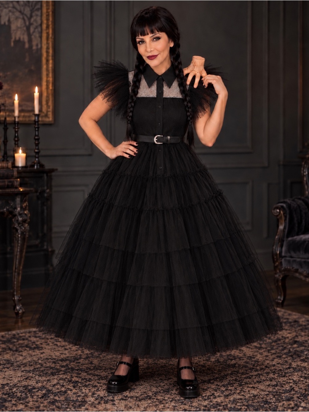 Women's Black Tiered Tulle Maxi Dress with Belt